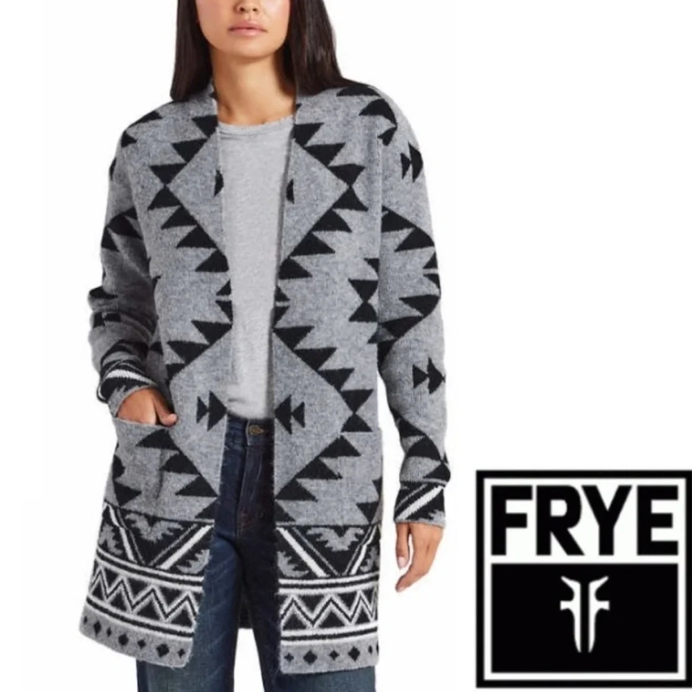 Frye Cozy Open Front Luxe Yarn Jacquard Southwestern Patterned Cardigan Size XL - Picture 10 of 10